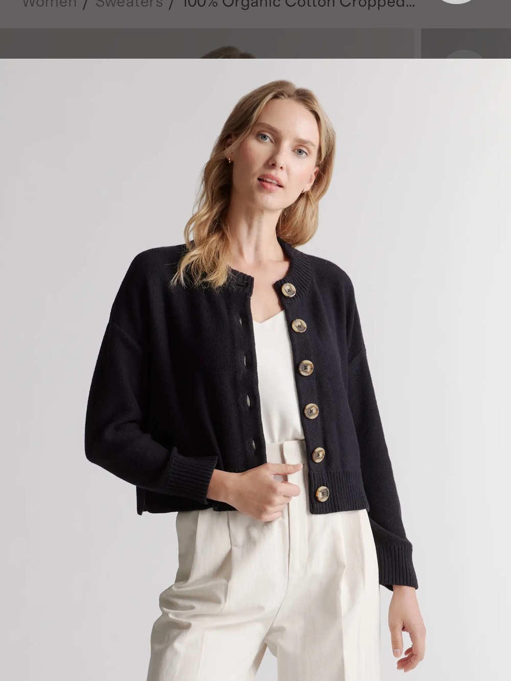 Quince Black Button-Front Cropped Cardigan